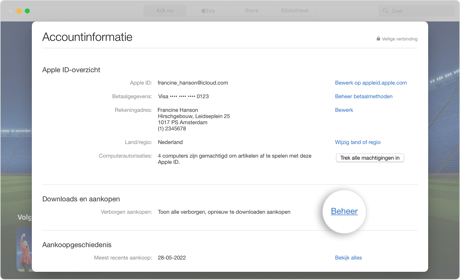 De optie 'Beheer' in het gedeelte 'Downloads en aankopen' op een Mac