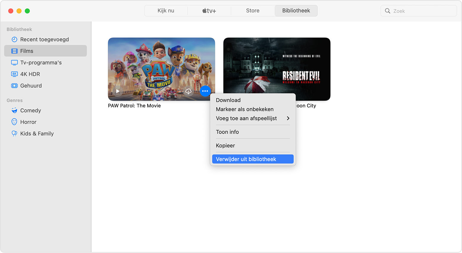 De knop 'Meer' in de Apple TV-app op een Mac