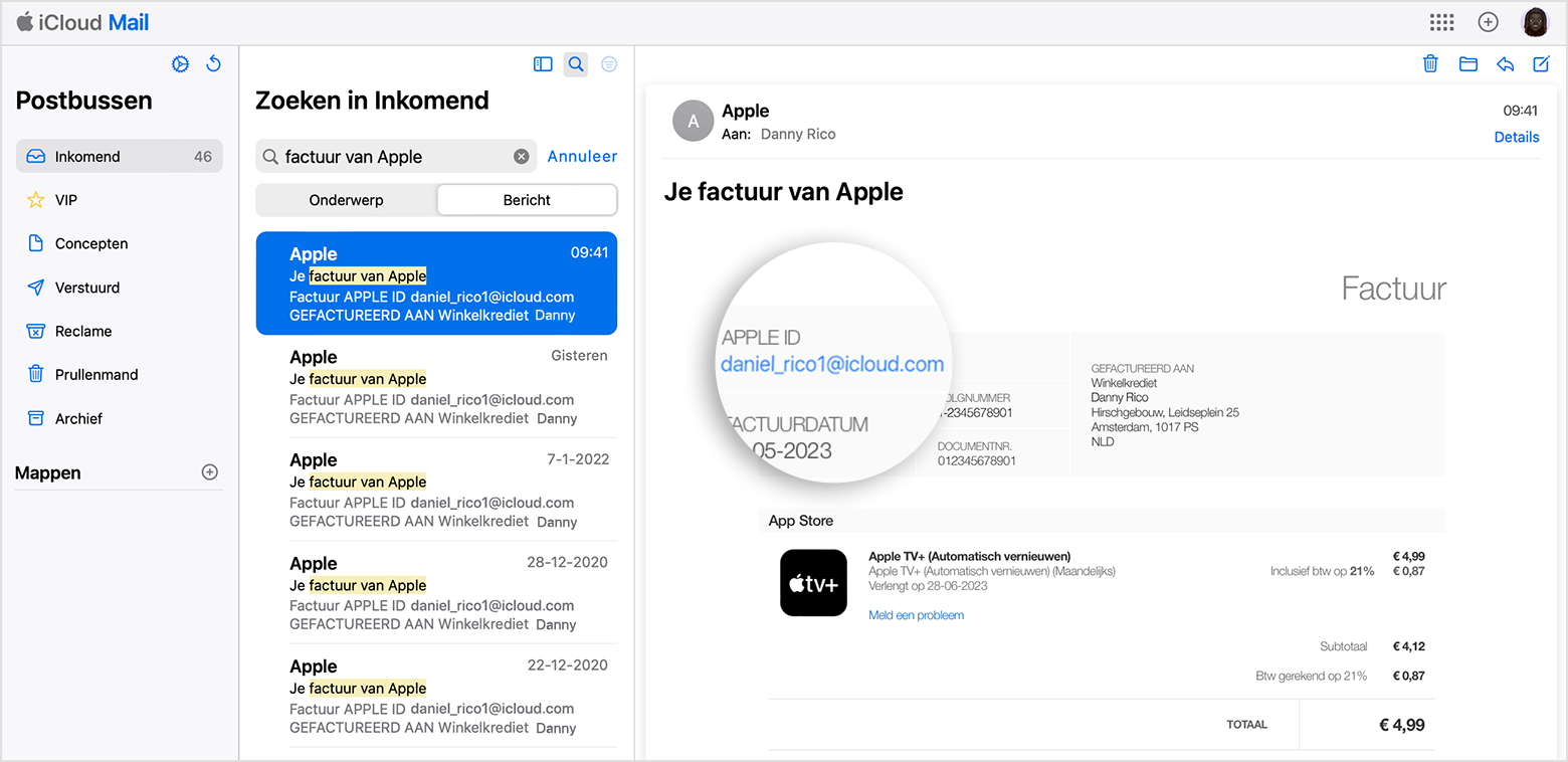 E-mailfactuur waarop de Apple ID te zien is, die is gebruikt voor een aankoop bij Apple.