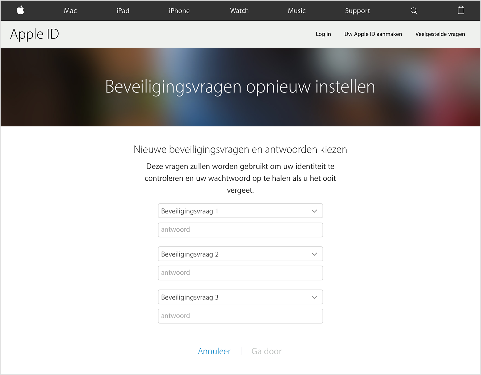 Scherm voor opnieuw instellen beveiligingsvragen