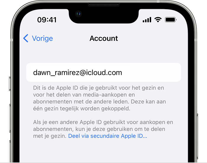 De tekst 'Deel via secundaire Apple ID' is blauw.