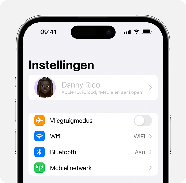 Een iPhone met de naam van de eigenaar grijs boven in Instellingen.