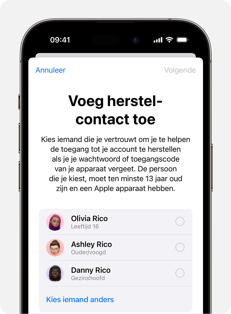 iPhone-scherm met contacten die je kunt toevoegen als herstelcontact