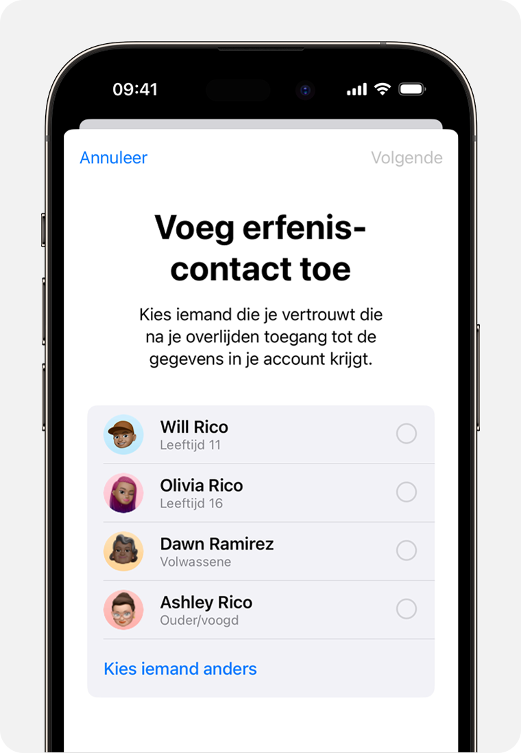 iPhone-scherm dat laat zien hoe je een erfeniscontact toevoegt