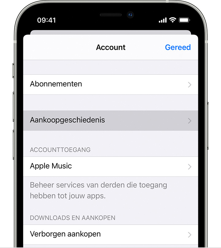 iPhone met de menuoptie 'Aankoopgeschiedenis' in Instellingen.
