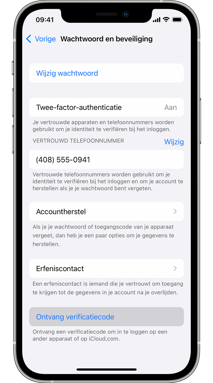 iPhone-scherm met uitleg over hoe u een verificatiecode kunt ontvangen via Instellingen.