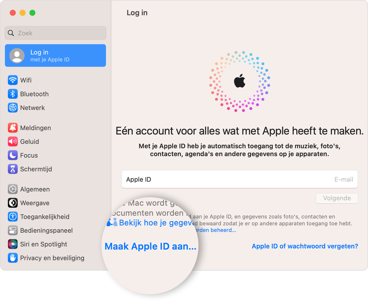 Op een Mac maak je een Apple ID aan in Systeeminstellingen