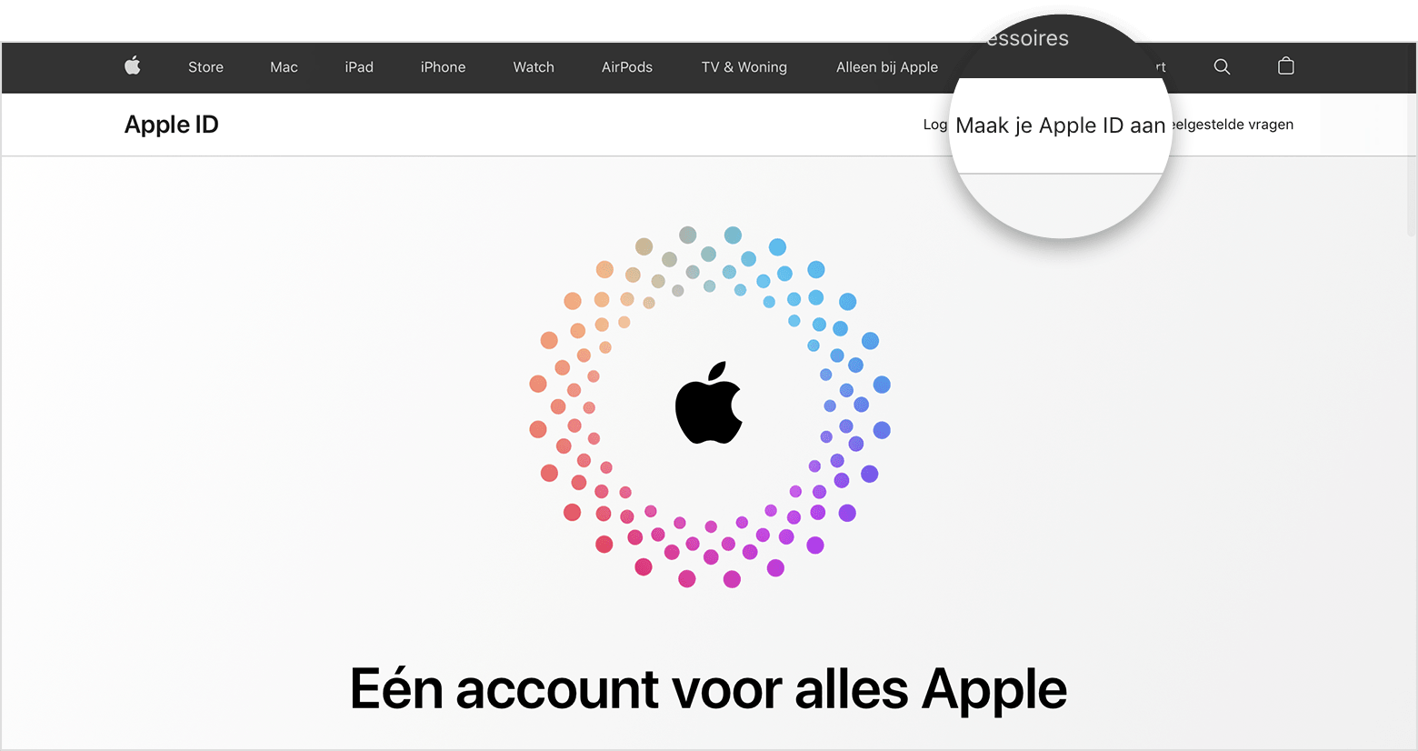 Schermafbeelding van appleid.apple.com, met in het midden een Apple logo omringd door concentrische gekleurde cirkels