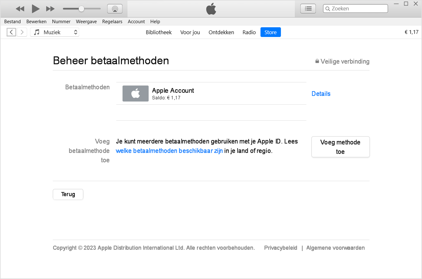 De knop 'Voeg methode toe' wordt in iTunes op een pc weergegeven onder de lijst met betaalmethoden.