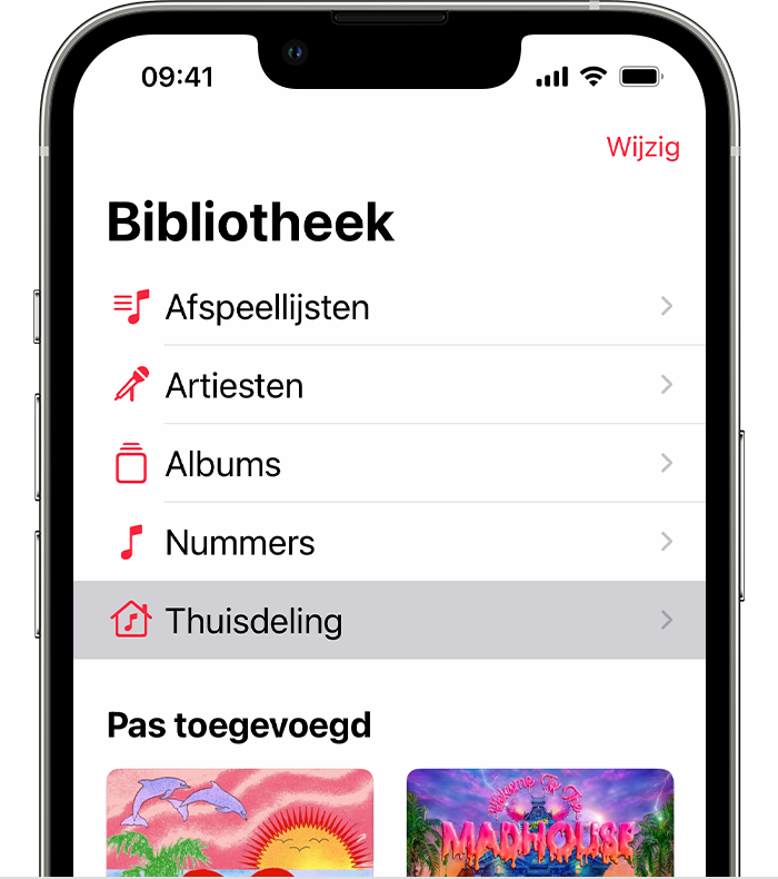 Thuisdeling op het tabblad 'Bibliotheek' van Apple Music op een iPhone