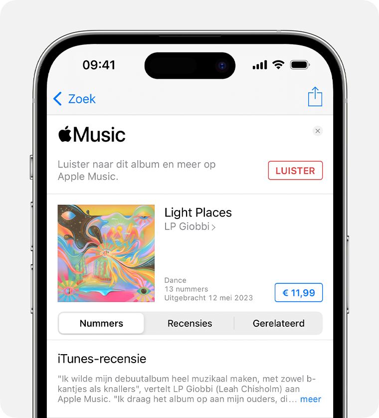 iPhone met de prijs naast een album in de iTunes Store-app
