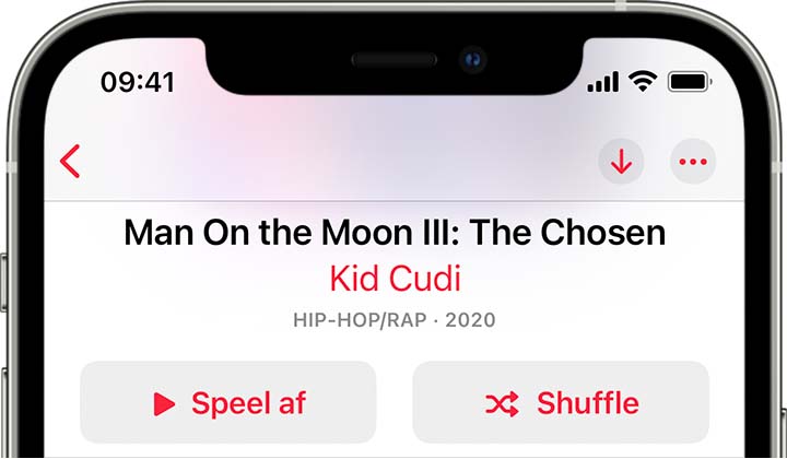 iPhone met de knop 'Shuffle' bovenaan een album.