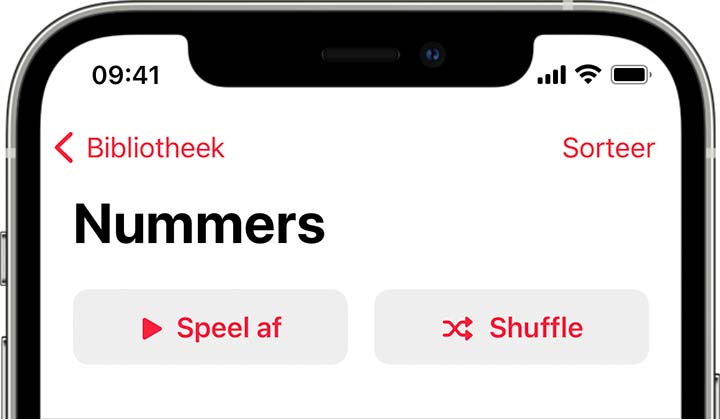 iPhone met de knop 'Shuffle' bovenaan in 'Nummers' in de bibliotheek.