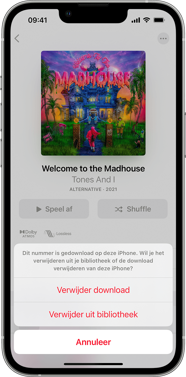 De opties 'Verwijder uit bibliotheek' of 'Verwijder download' in de Apple Music-app op een iPhone, iPad, iPod touch of Android-apparaat