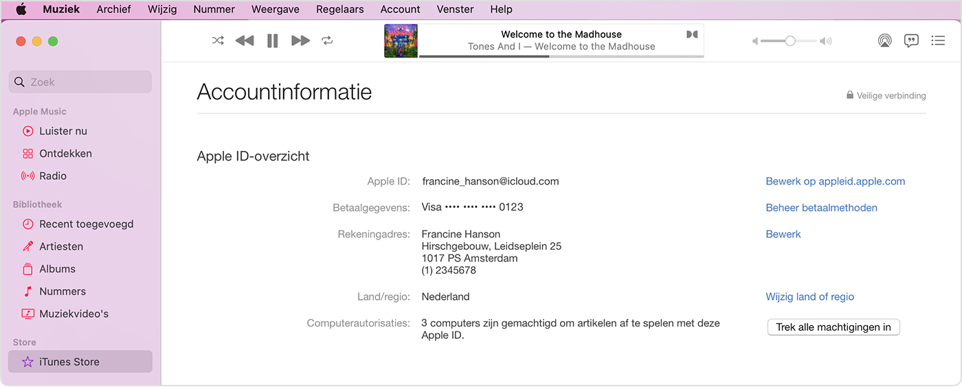 Apple Music-app met de pagina 'Accountinformatie'