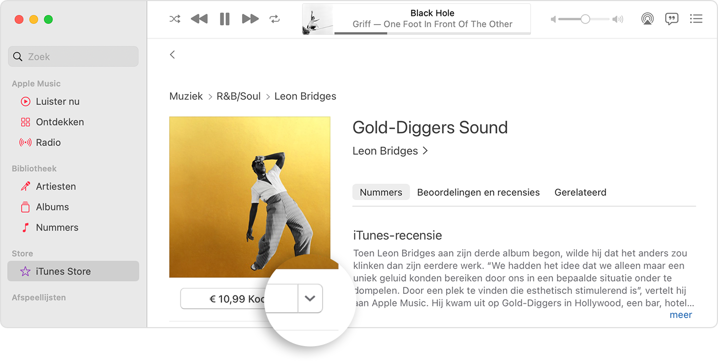 iTunes Store in de Apple Music-app met de pijlknop naast de prijs