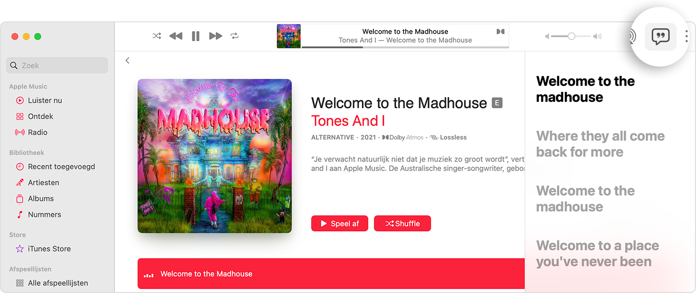De Apple Music-app op de Mac met de knop 'Songtekst' en een tijdgesynchroniseerde songtekst