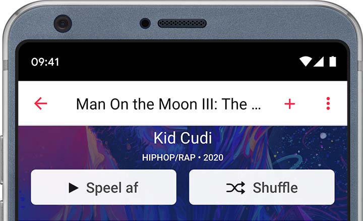 Android met de knop 'Shuffle' bovenaan een album
