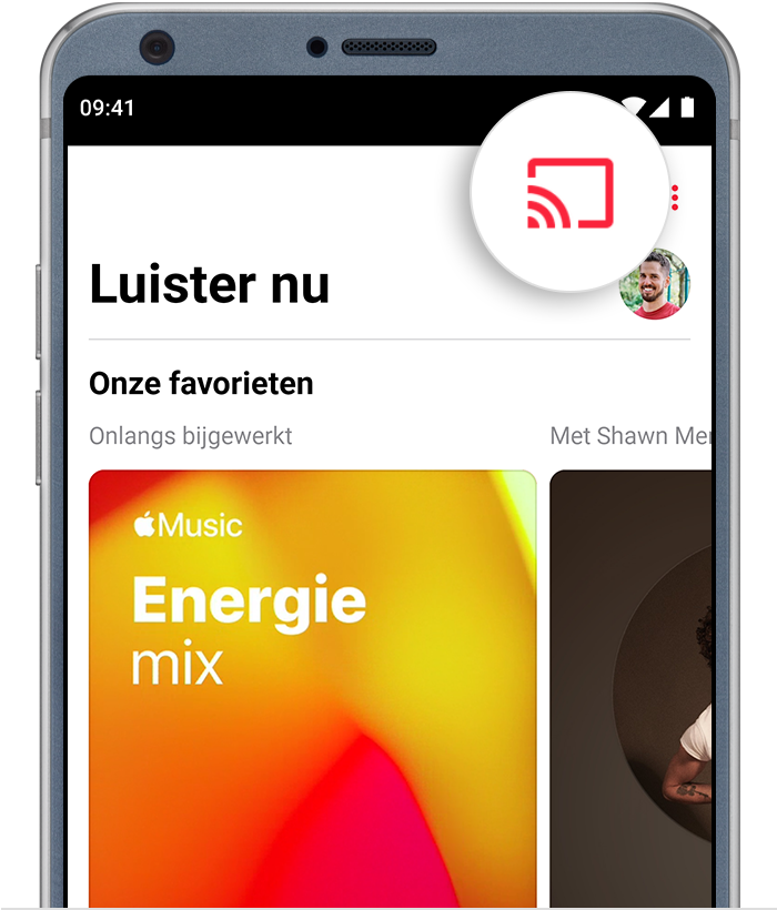 Android-telefoon met de Cast-knop bovenaan de Apple Music-app