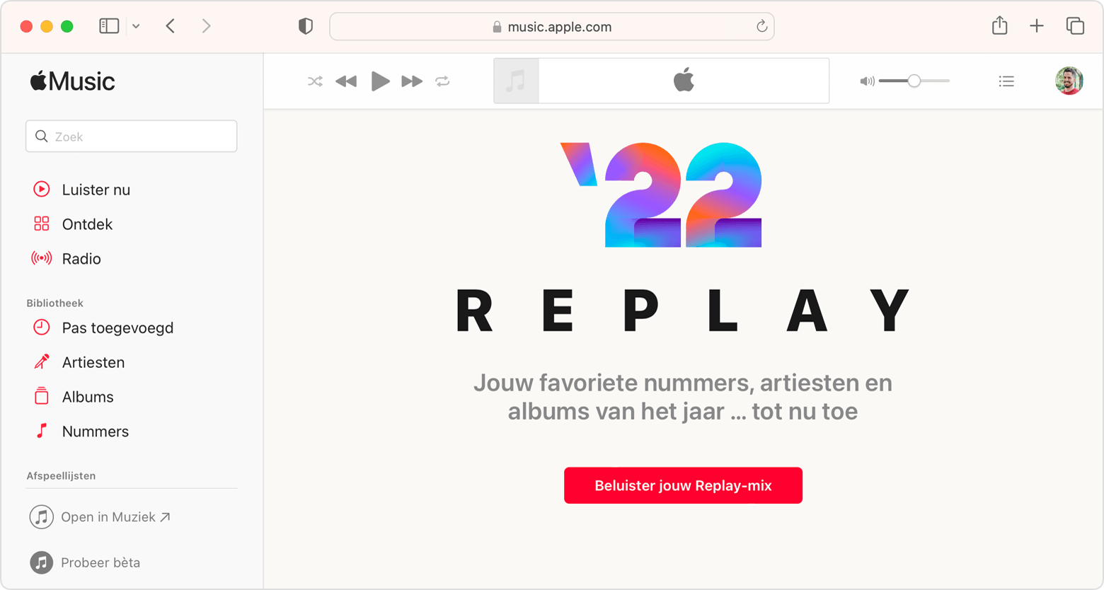 Safari-venster met de knop 'Beluister jouw Replay-mix' op replay.apple.com