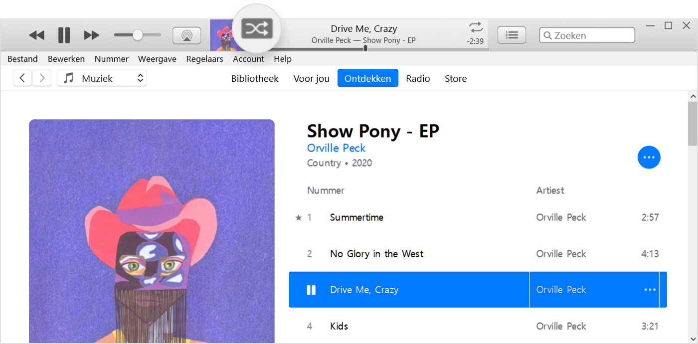 iTunes met 'Shuffle' ingeschakeld bovenaan het venster