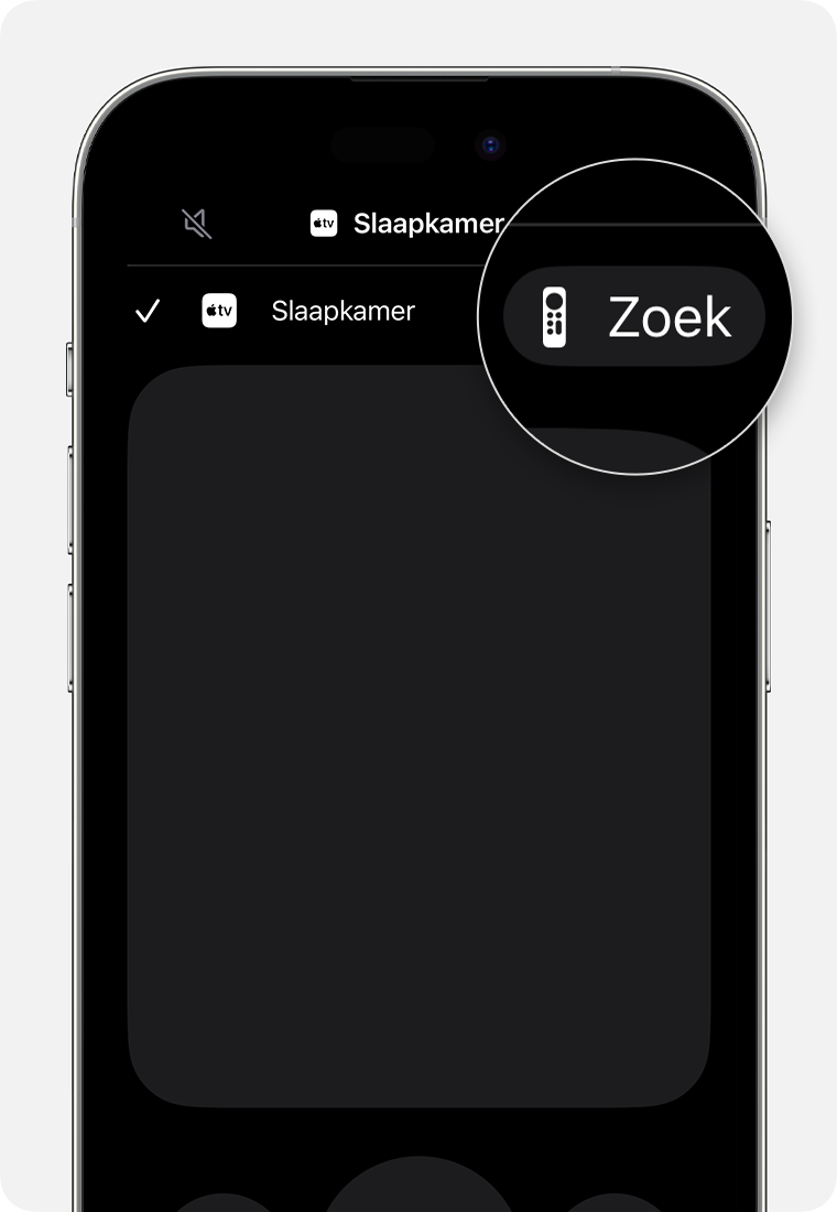 De knop 'Zoek' op de iOS Apple TV Remote verschijnt naast het bijbehorende apparaat