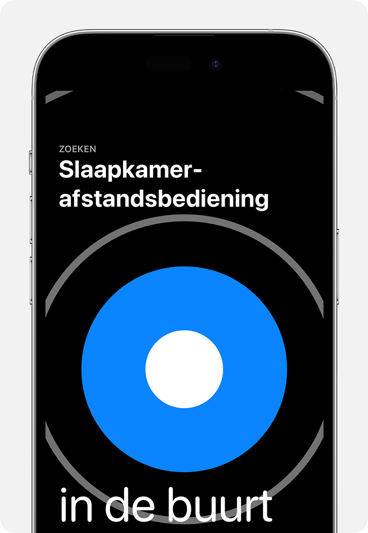 Er verschijnt een grote blauwe cirkel op een iPhone-scherm met de tekst 'in de buurt'