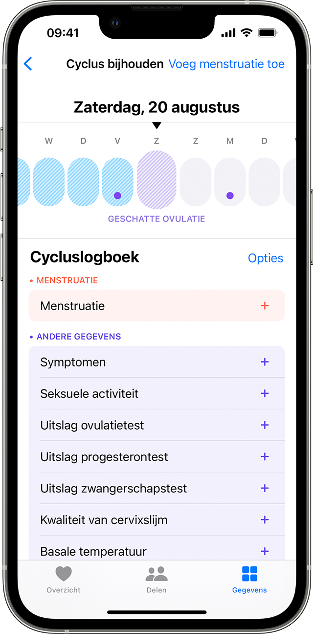 Een iPhone die een actueel cycluslogboek toont in 'Cyclus bijhouden'.