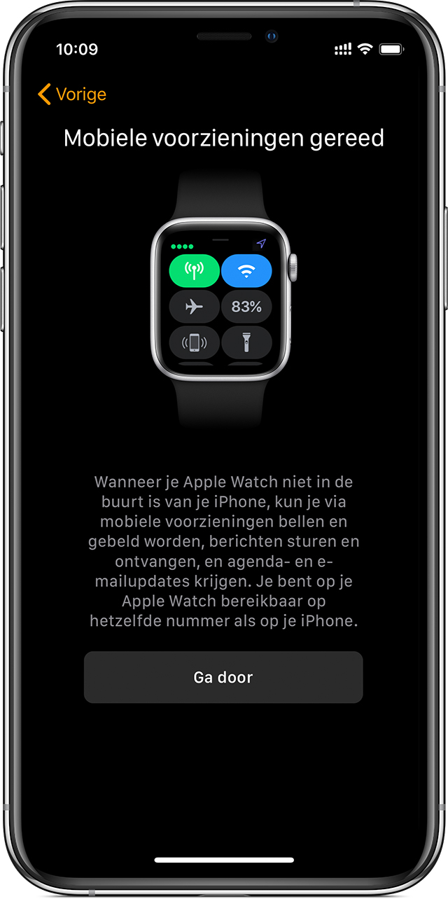 Configuratiescherm voor mobiele voorzieningen op iPhone. De mobiele voorzieningen zijn klaar voor gebruik op Apple Watch.