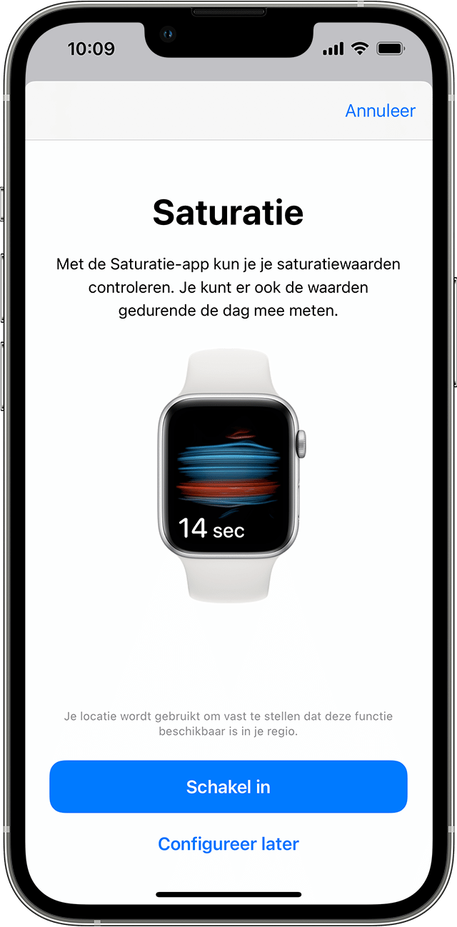 Een iPhone met het scherm voor initiële configuratie van de Saturatie-app