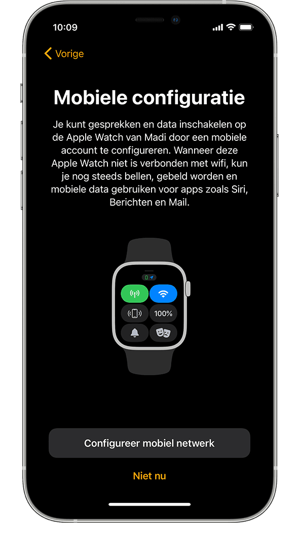 Het scherm 'Mobiele configuratie' tijdens het configureren van een Apple Watch op een iPhone.
