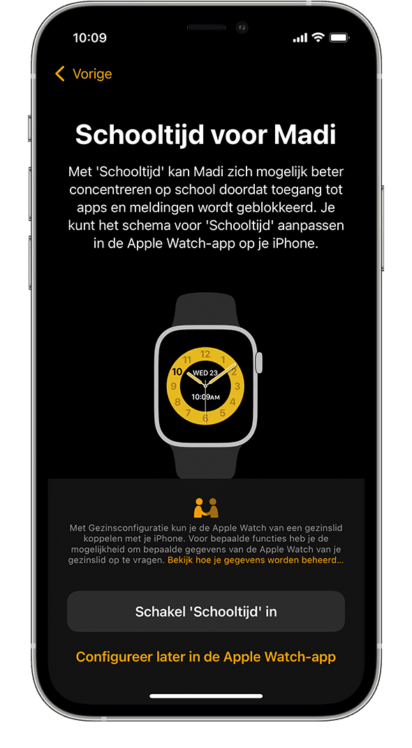 De optie 'Schooltijd' tijdens het configureren van een Apple Watch op een iPhone.