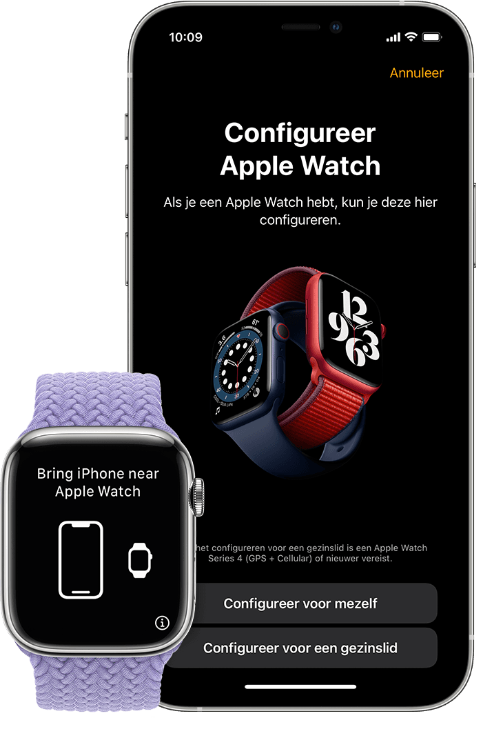 Het scherm voor de eerste configuratie voor het koppelen van een nieuwe Watch op een iPhone en een Apple Watch.