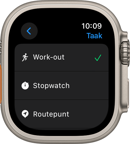 Apple Watch Ultra waarop het actiescherm en verschillende instellingen worden weergegeven