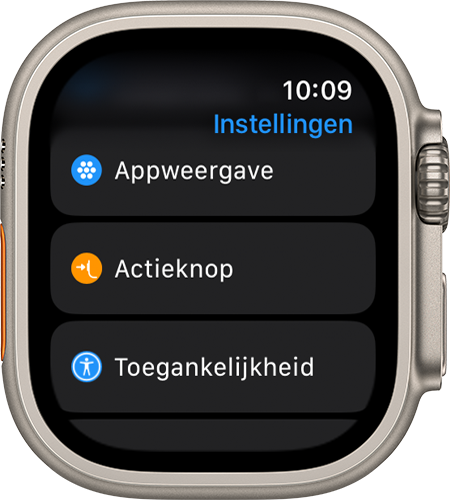 Apple Watch Ultra waarop de app 'Instellingen' wordt weergegeven