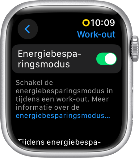 De energiebesparingsmodus in de work-out-instellingen op de Apple Watch