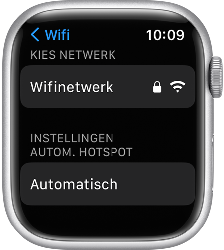 Apple Watch wifi-instellingenscherm met de optie 'Instellingen autom. hotspot'