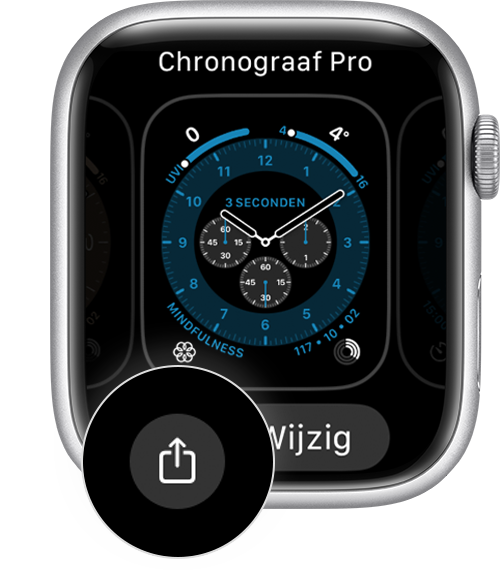 Apple Watch-wijzerplaat waarin de knop 'Deel' wordt weergegeven