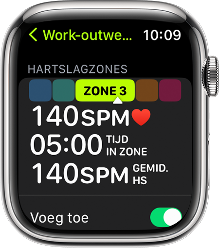 Een Apple Watch met de hartslagzonemeting tijdens een hardloopsessie.