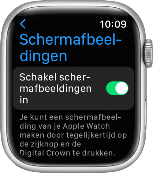 De instelling 'Schakel schermafbeeldingen in' in de instellingen-app op de Apple Watch