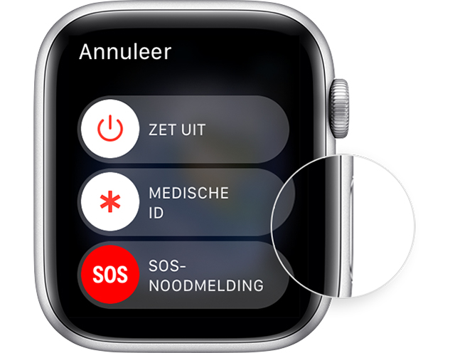 Apple Watch met de locatie van de zijknop en de schuifknop 'Zet uit'