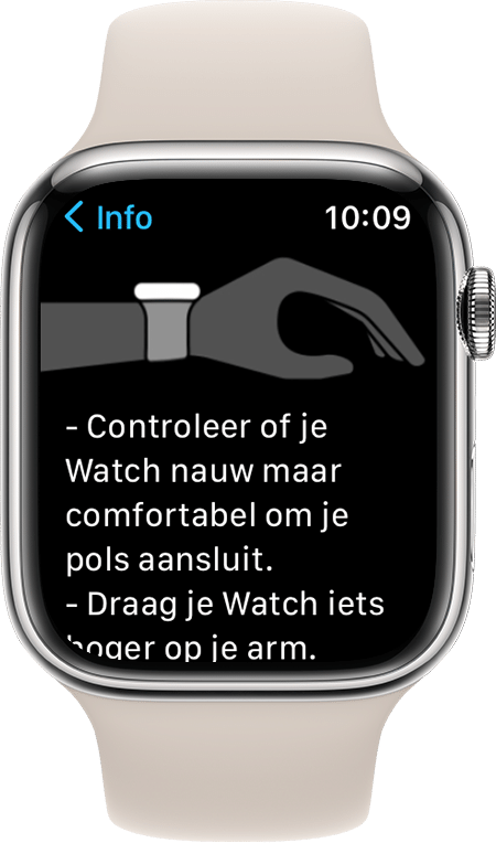 Een schermafbeelding van Apple Watch Series 7 met uitleg over hoe u de Watch moet dragen voor de beste resultaten
