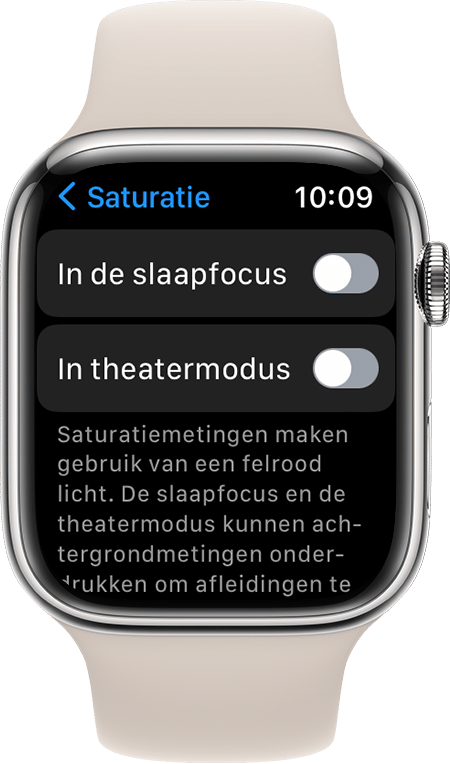 Een schermafbeelding van de saturatie-instellingen op een Apple Watch Series 7.