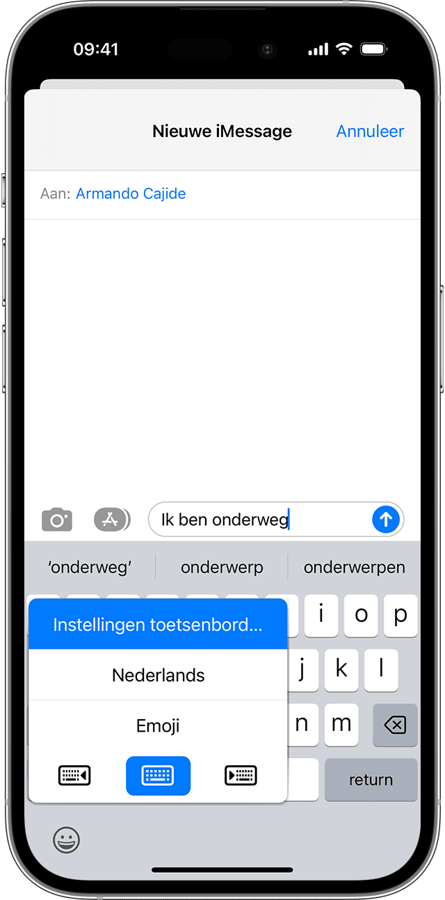 iPhone-scherm met toetsenbordinstellingen voor tekstsuggesties