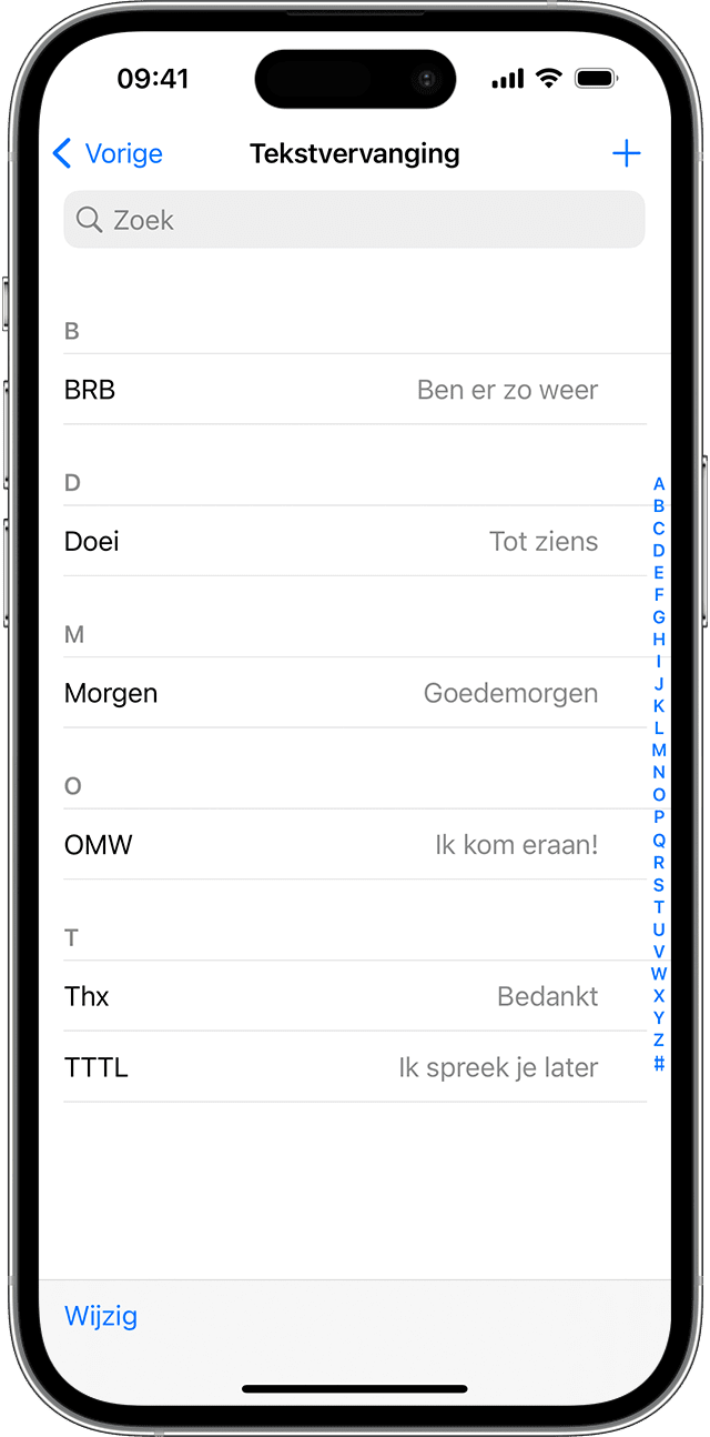 iPhone-scherm waarop wordt getoond hoe u tekstvervanging gebruikt