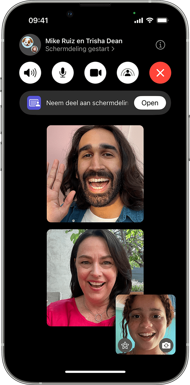 Een iPhone waarop een FaceTime-gesprek is te zien U vindt de optie 'Meld aan voor schermdeling' bij de bedieningselementen bovenaan het scherm.