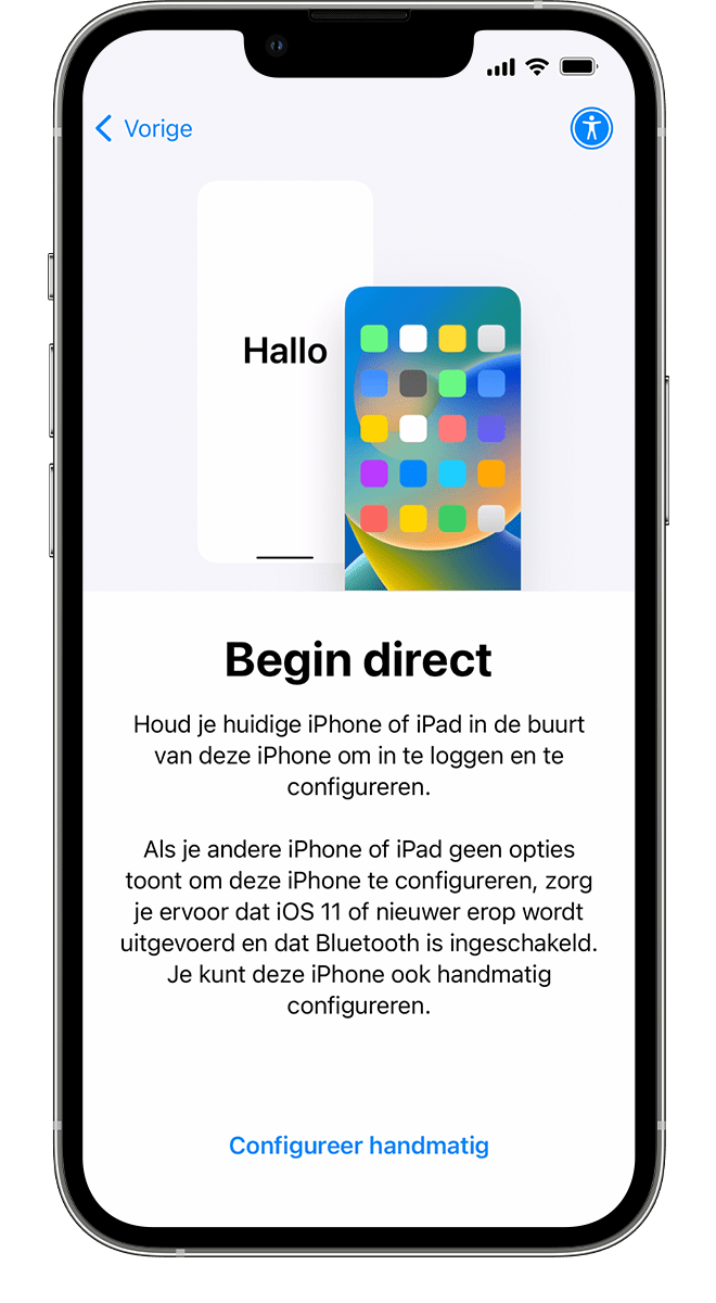 Een nieuwe iPhone met het 'Begin direct'-scherm. In de instructies wordt aangegeven dat je je huidige apparaat dicht bij je oude apparaat moet plaatsen.