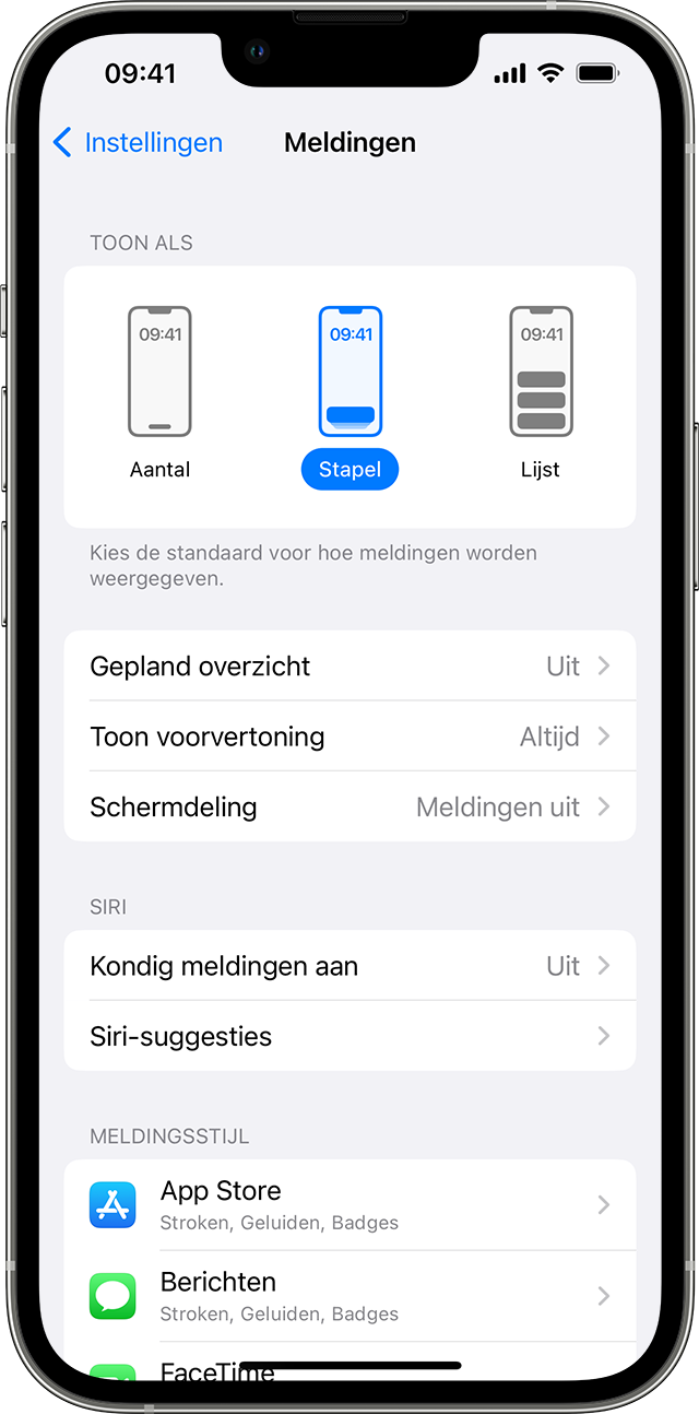 Een iPhone met meldingsinstellingen met de optie 'Stapel' geselecteerd.
