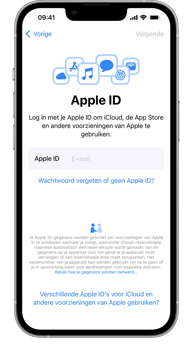 Een nieuwe iPhone met het scherm 'Apple ID', waar u kunt inloggen uw Apple ID en wachtwoord.