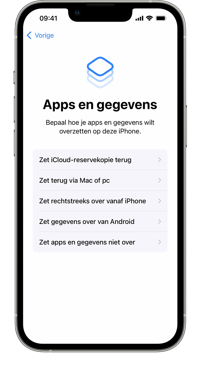 Een nieuwe iPhone met het scherm 'Apps en gegevens', waar u kunt selecteren hoe u uw gegevens naar dit apparaat wilt overzetten.